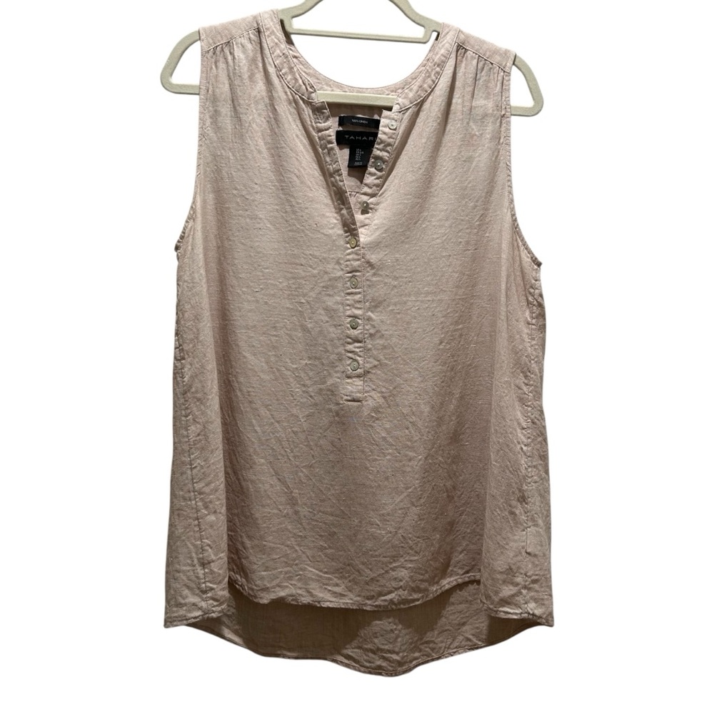 Tahari Linen Sleeveless Beige High Low Button Up Tunic - Large